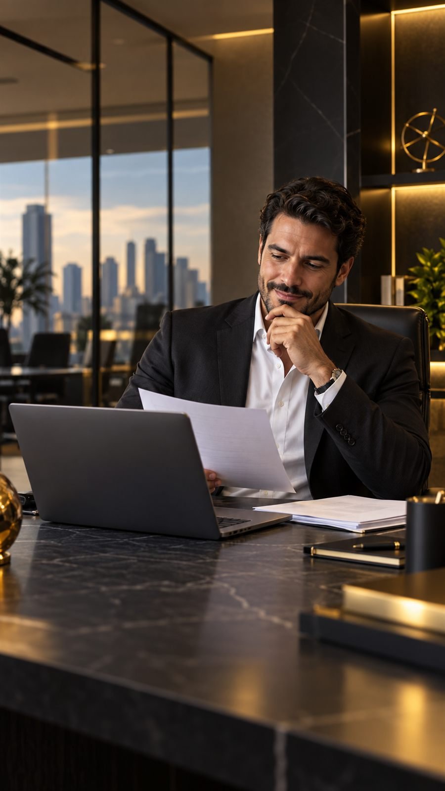Pequeno empresário analisando documentos e informações no escritório